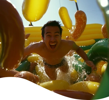 Hombre con chomba con cara de dolor mientras sostiene una hamburguesa y unas papas fritas